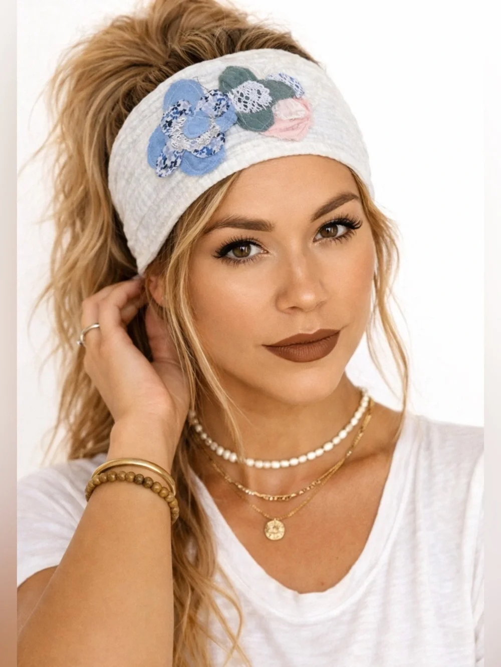 Boho Wide Patchwork Headband Set of 2 | Cotton Linen Lace Festival Hairband Duo